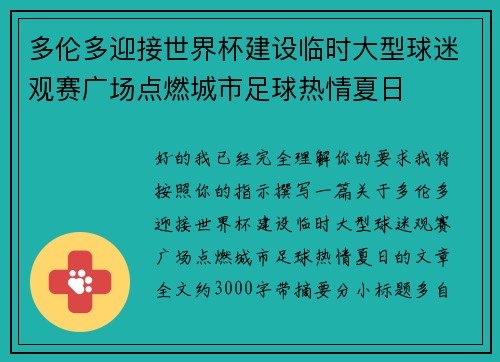 多伦多迎接世界杯建设临时大型球迷观赛广场点燃城市足球热情夏日